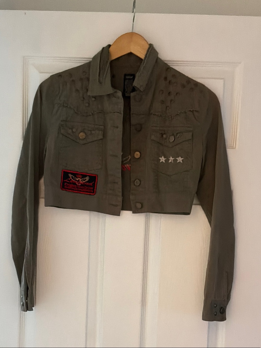 Cropped Olive Utility Jacket with Stud and Patch Detail